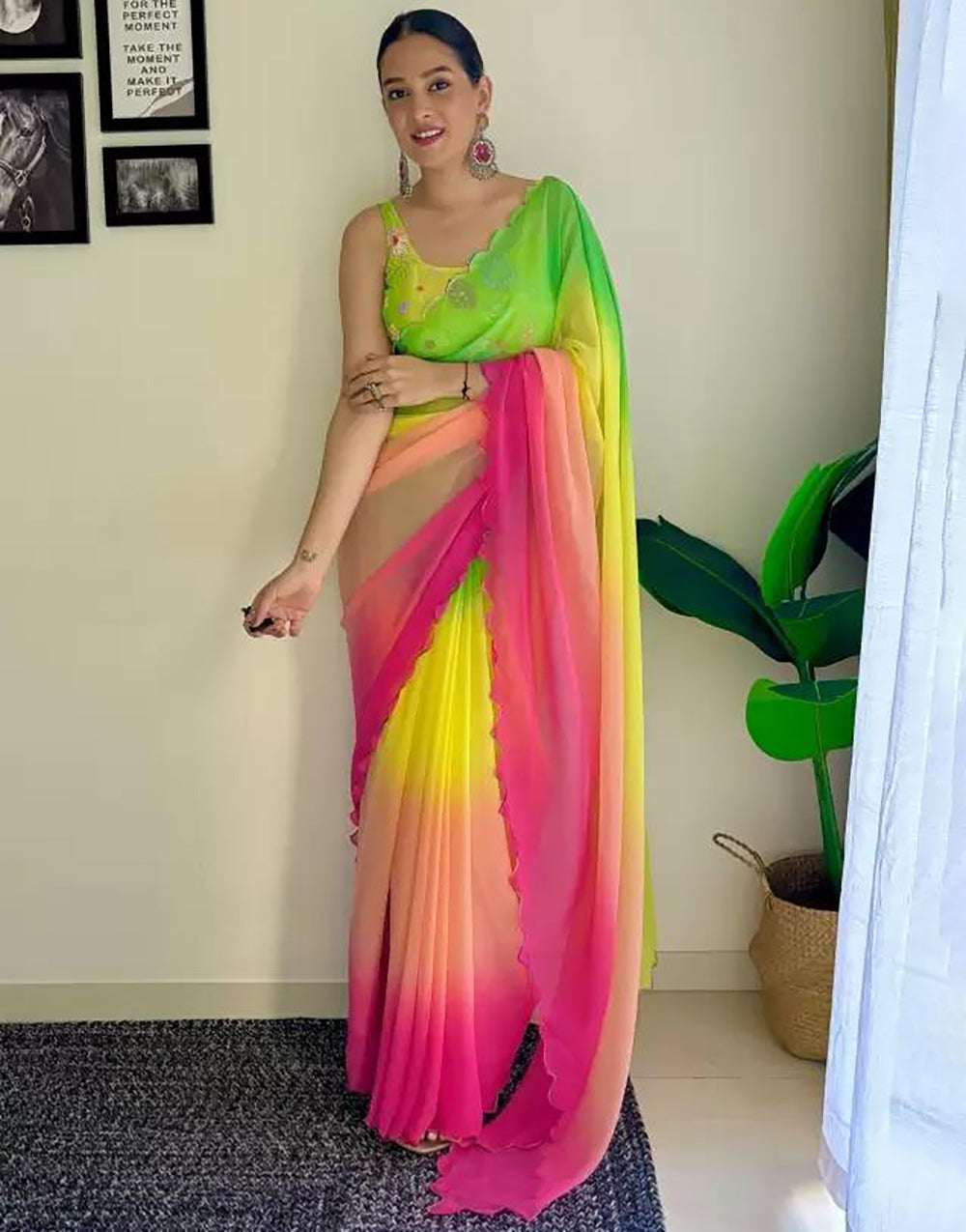 Light Green & Peach Georgette Saree With Printed & Cut Work Border