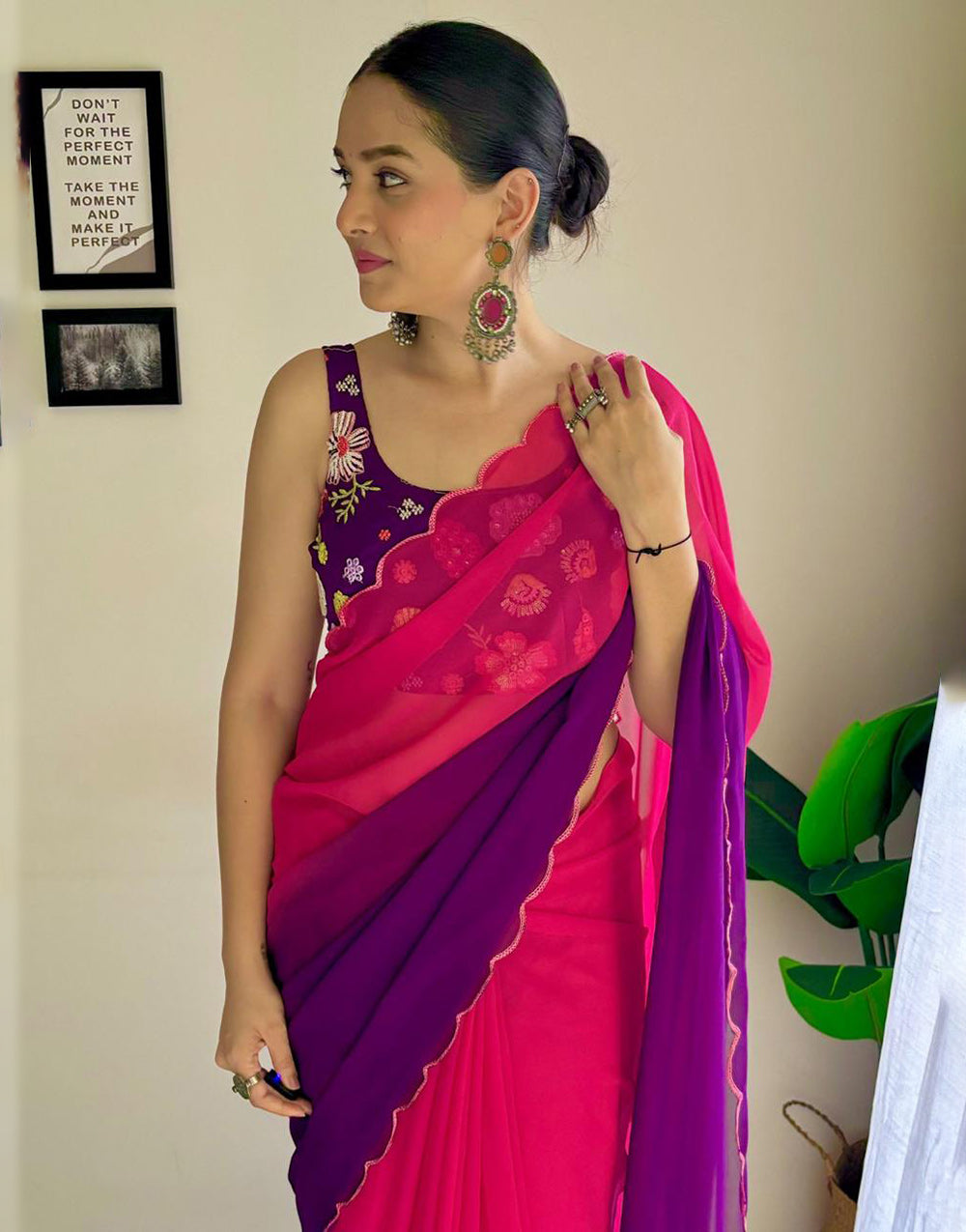 Pink & Purple Georgette Saree With Printed & Cut Work Border