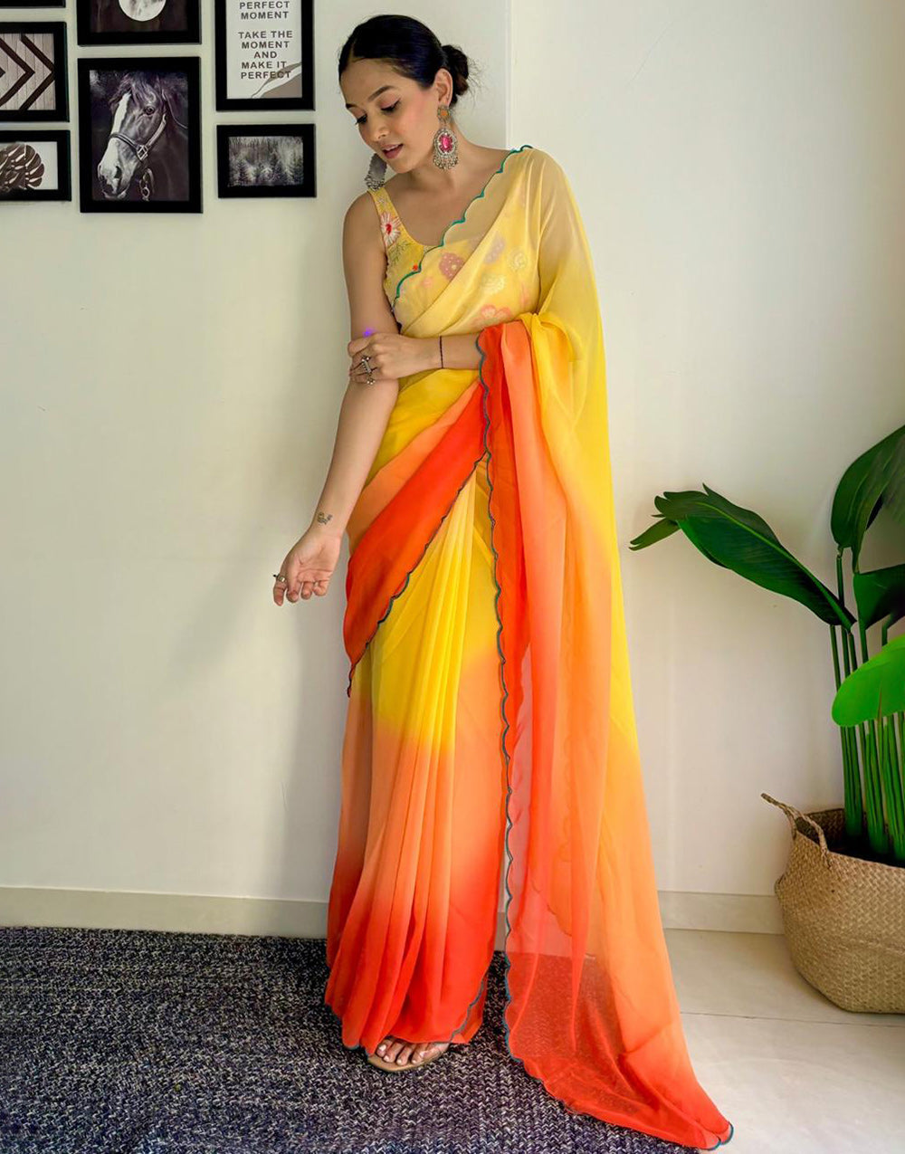 Yellow & Orange Georgette Saree With Printed & Cut Work Border