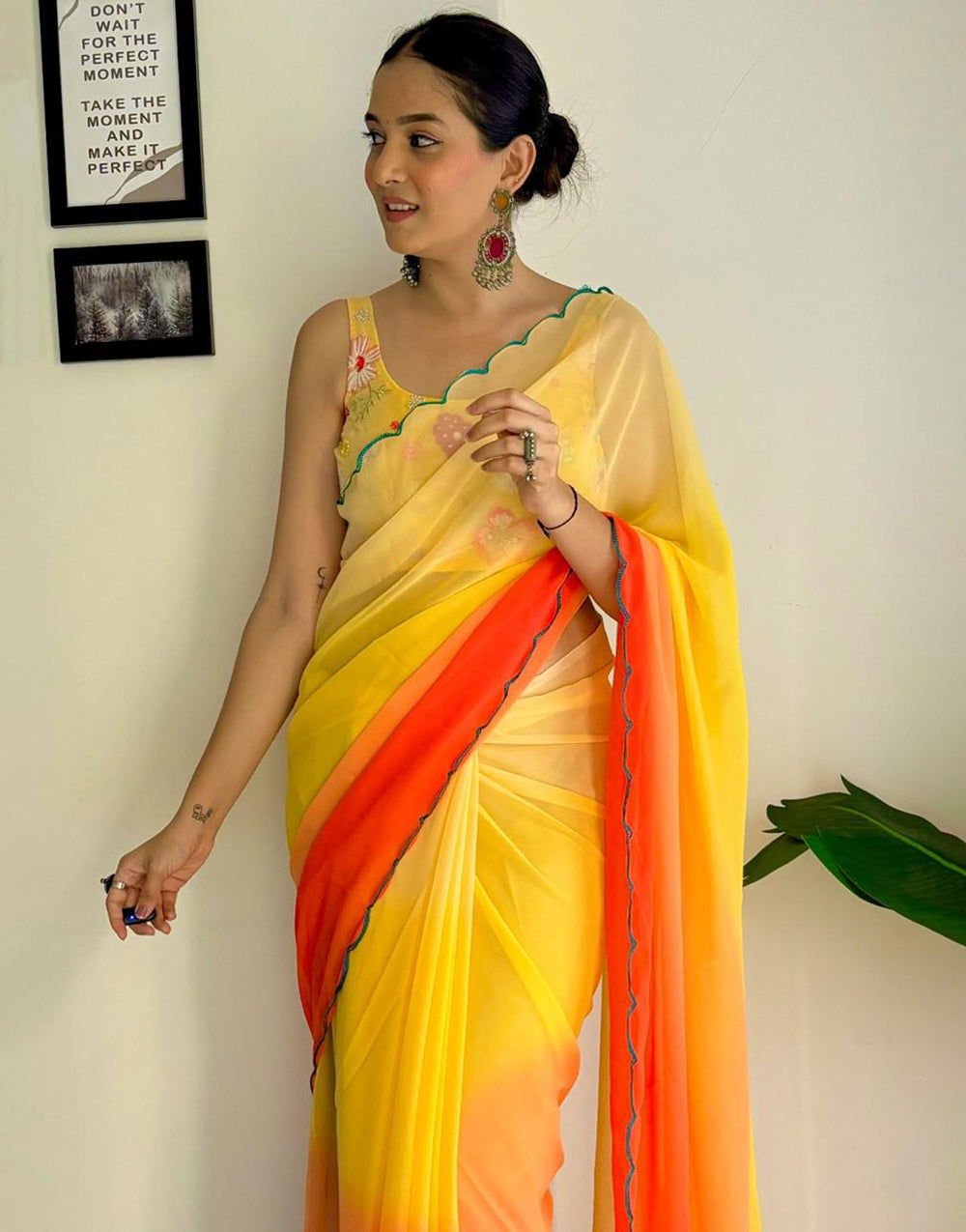 Yellow & Orange Georgette Saree With Printed & Cut Work Border