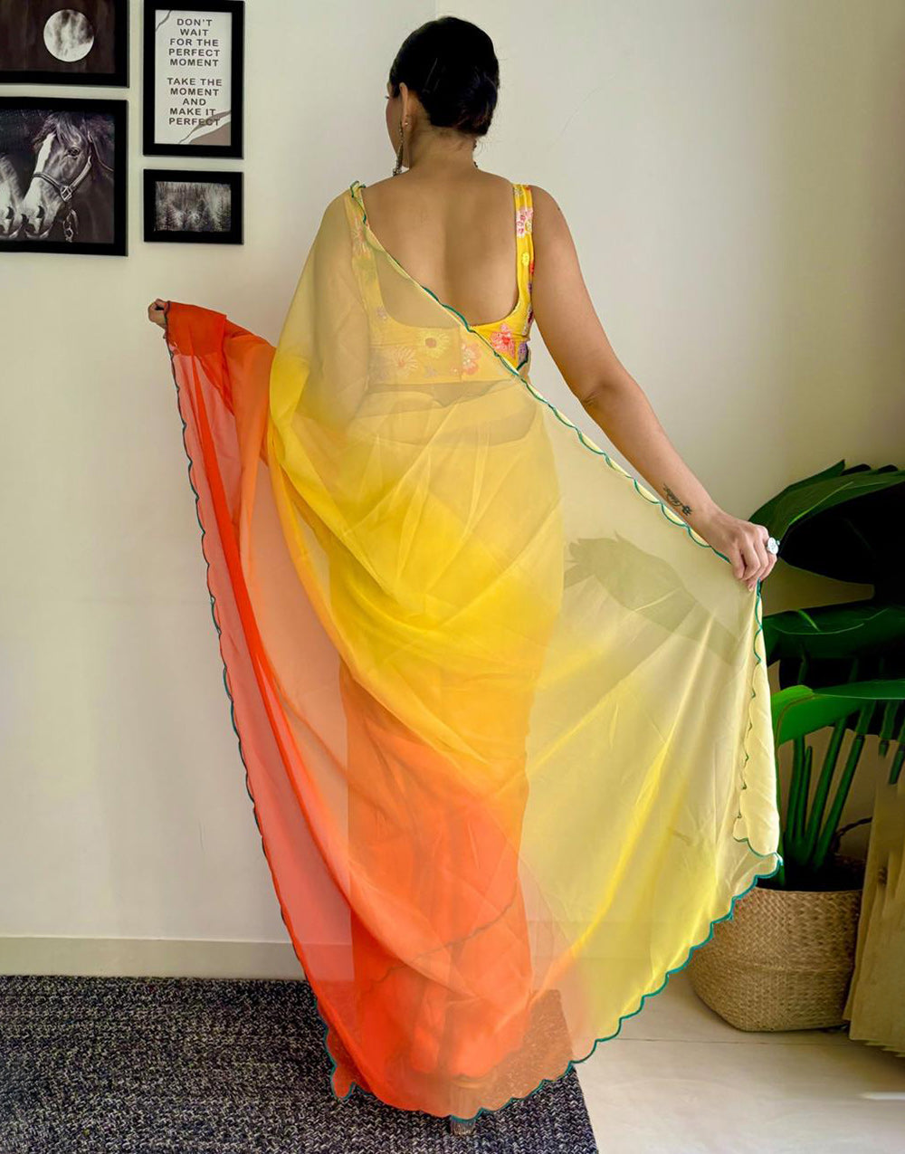 Yellow & Orange Georgette Saree With Printed & Cut Work Border