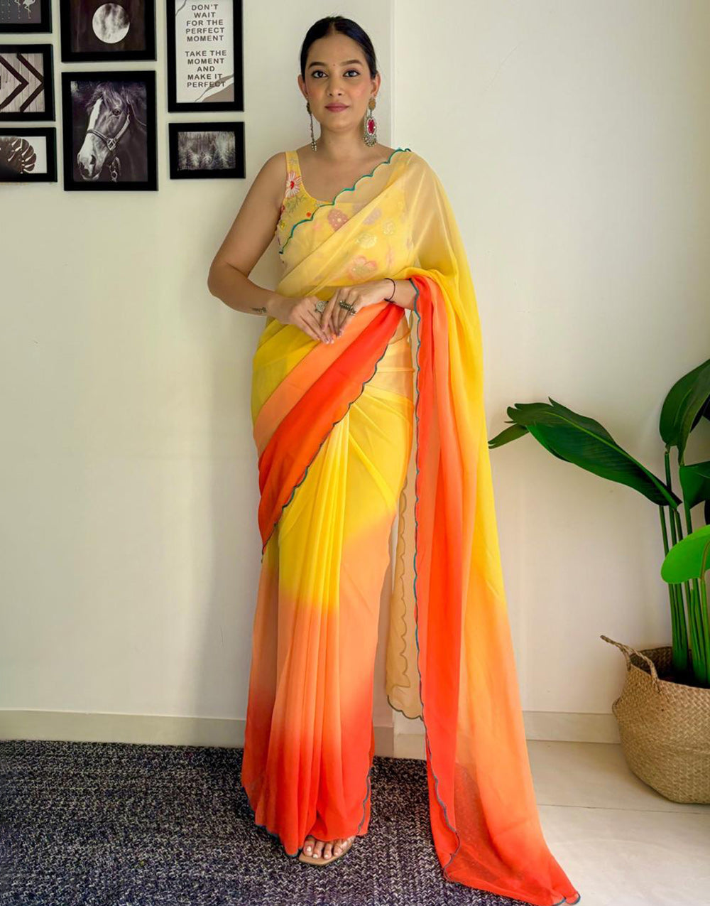 Yellow & Orange Georgette Saree With Printed & Cut Work Border