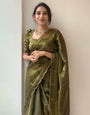Olive Green Organza Saree With Aari Border & Sequence Work Blouse