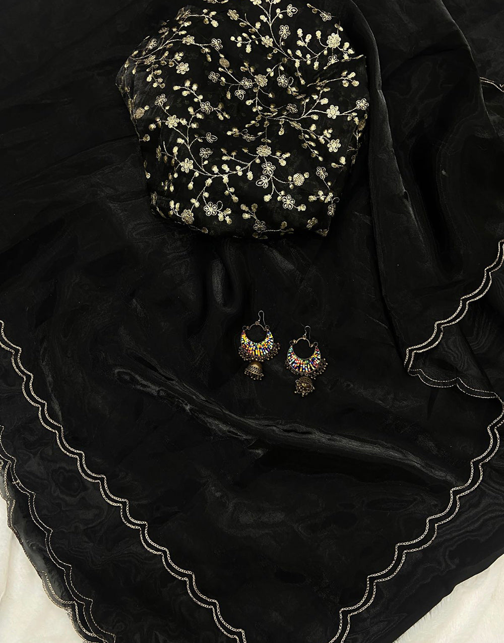 Black Organza Saree With Aari Border & Sequence Work Blouse