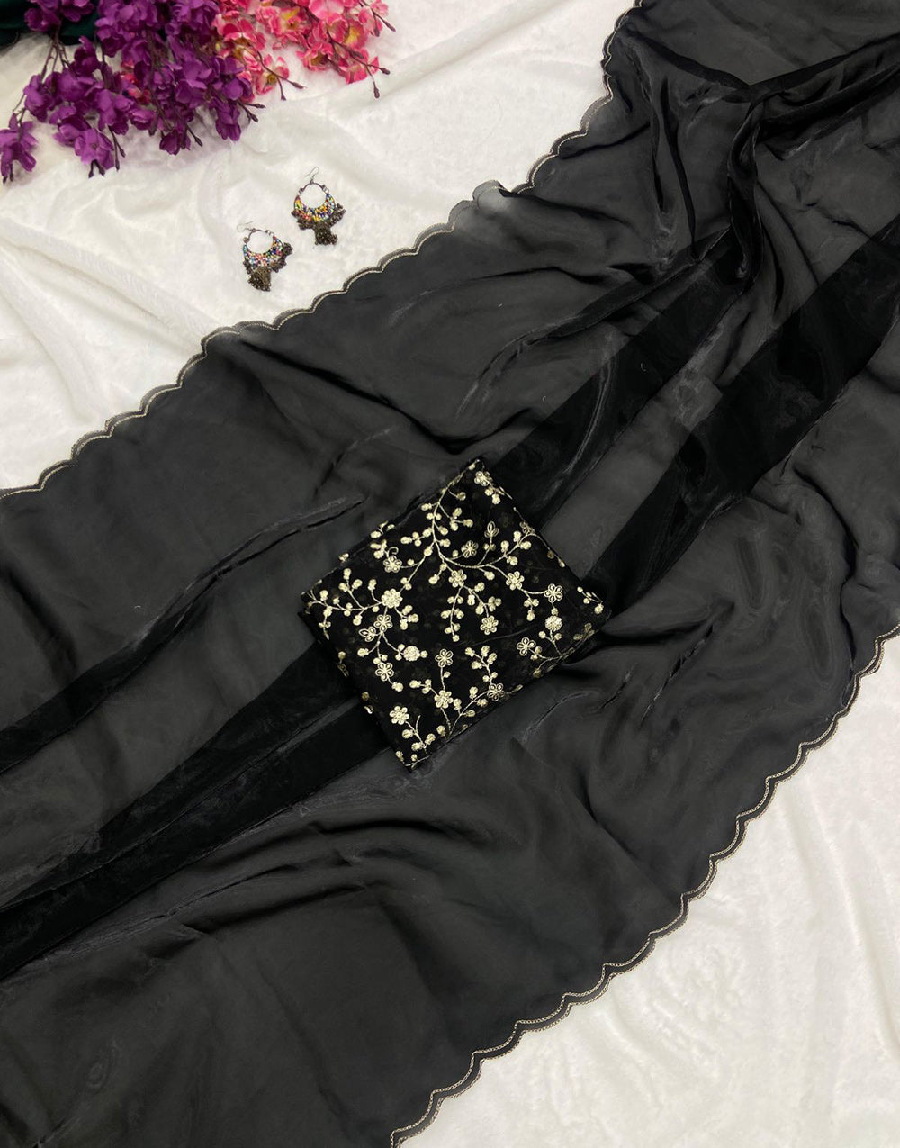 Black Organza Saree With Aari Border & Sequence Work Blouse