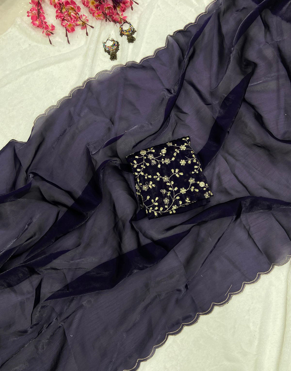 Navy Blue Organza Saree With Aari Border & Sequence Work Blouse