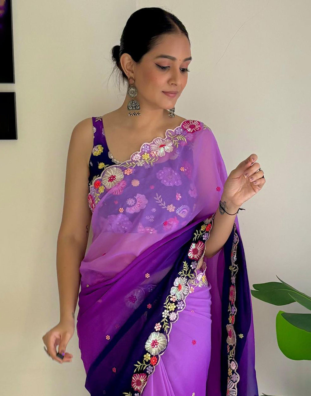 Purple & Navy Blue Georgette Saree With Sequence & Embroidery Work
