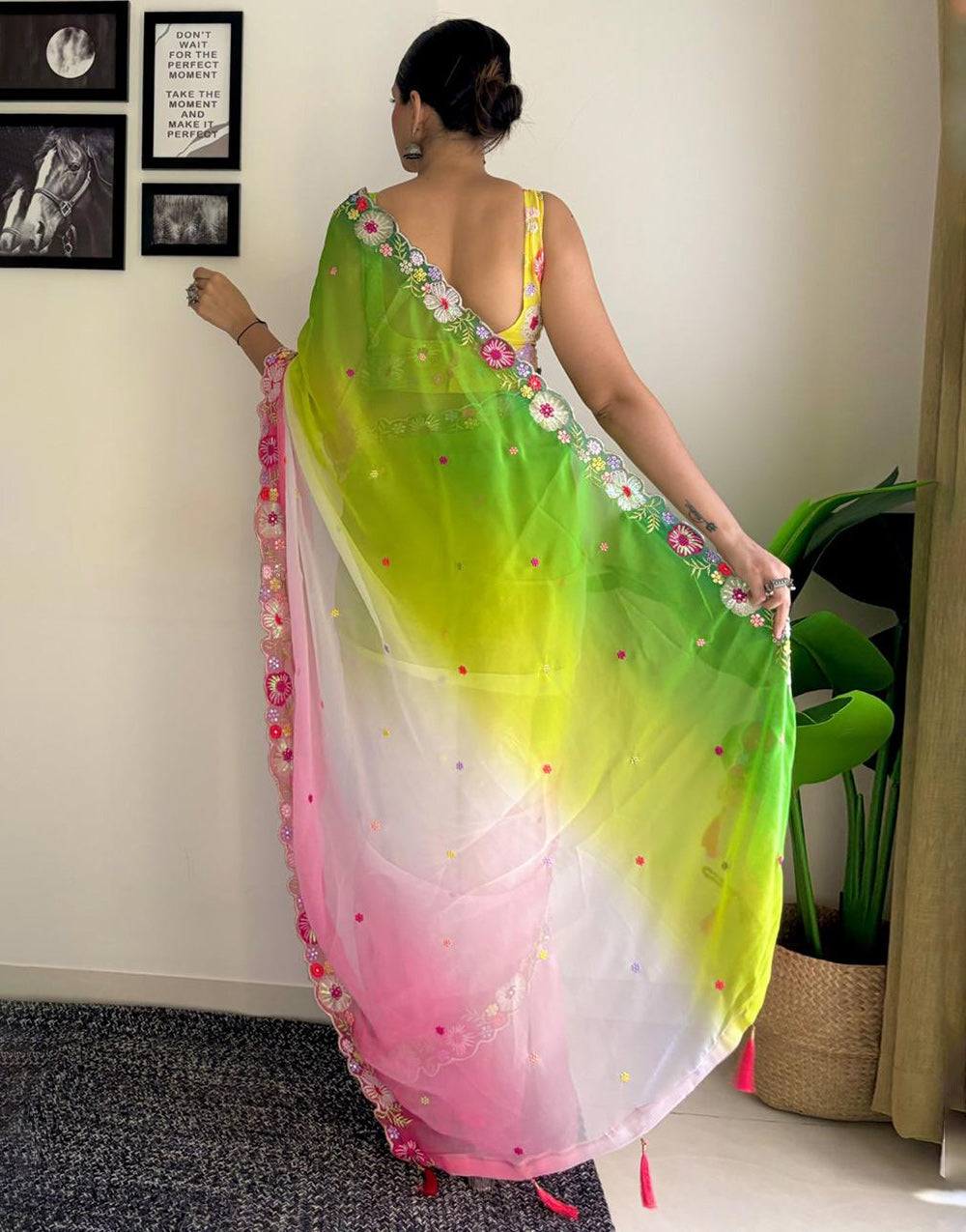 Lemon Green & White Georgette Saree With Sequence & Embroidery Work