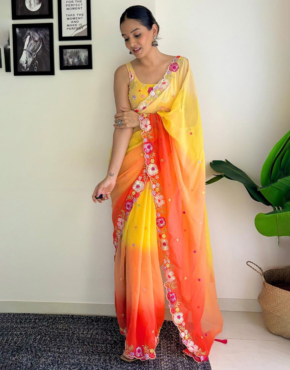 Yellow & Orange Georgette Saree With Sequence & Embroidery Work
