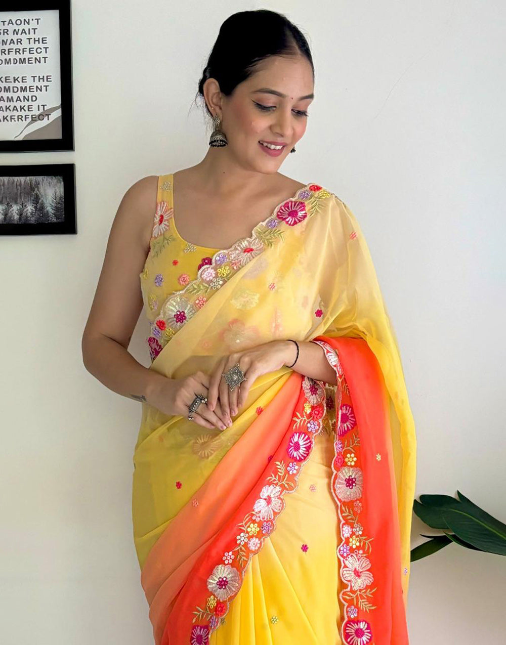 Yellow & Orange Georgette Saree With Sequence & Embroidery Work