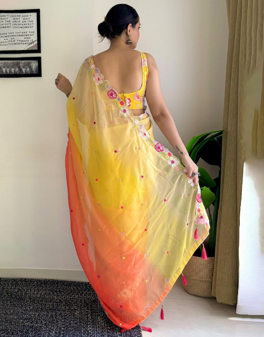 Yellow & Orange Georgette Saree With Sequence & Embroidery Work