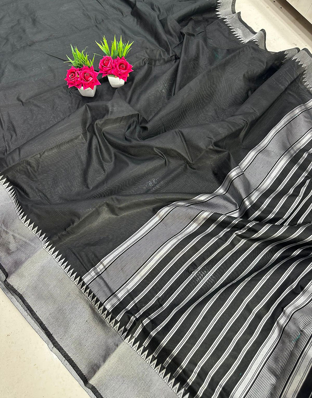 Black & Gary Cotton Saree With Weaving Work