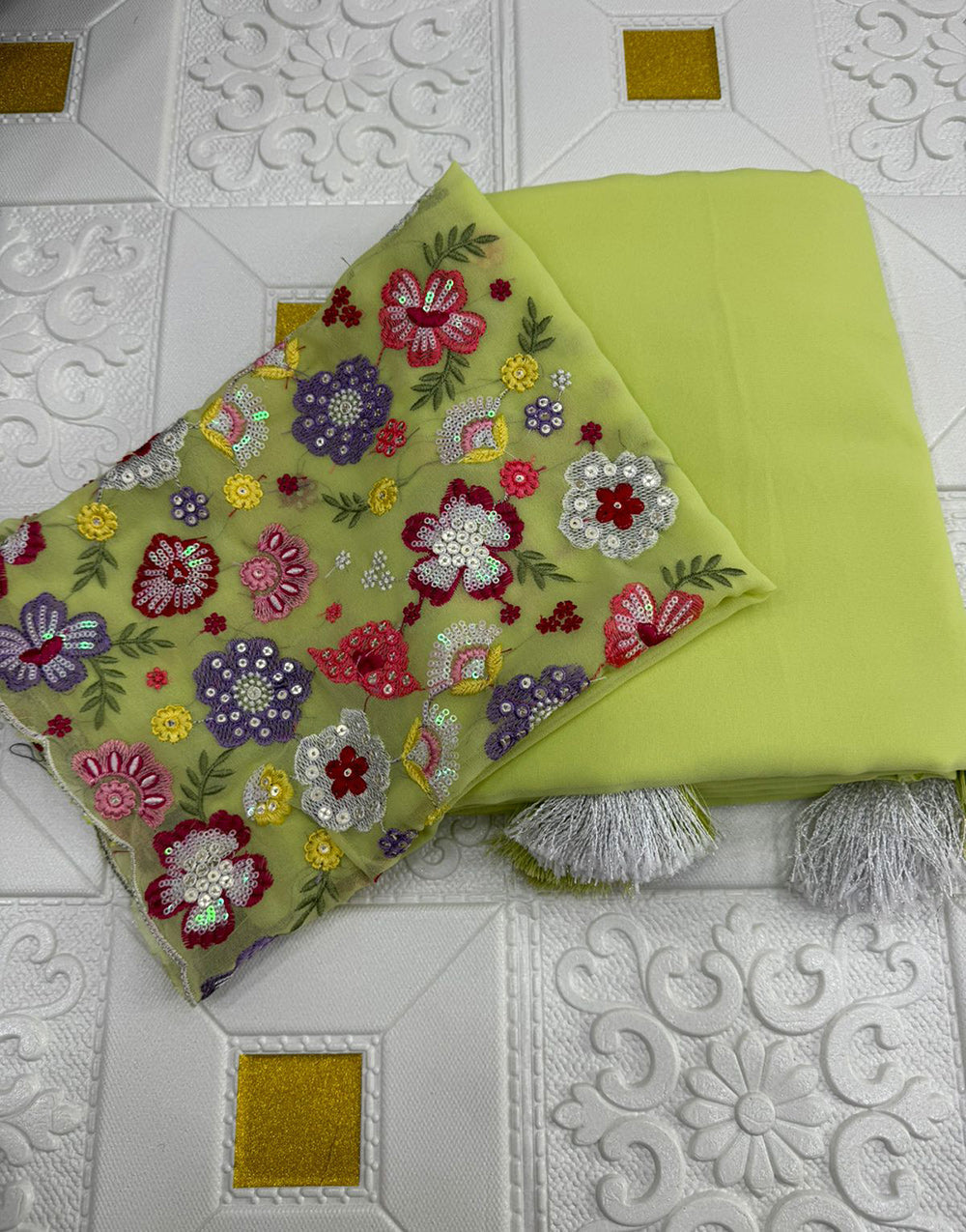 Lime Green Georgette Saree With Embroidery & Sequence Work Blouse