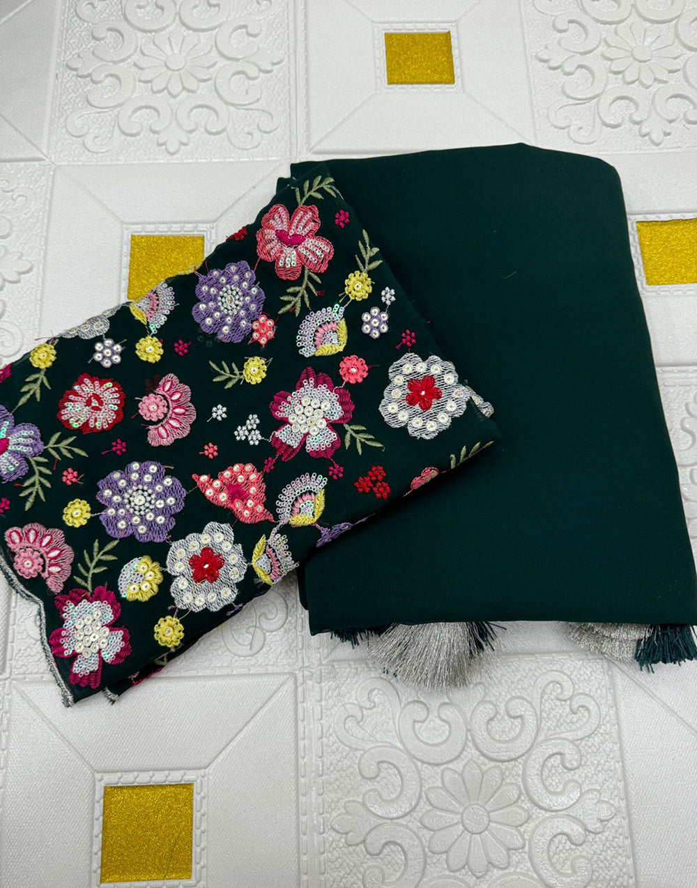 Dark Green Georgette Saree With Embroidery & Sequence Work Blouse