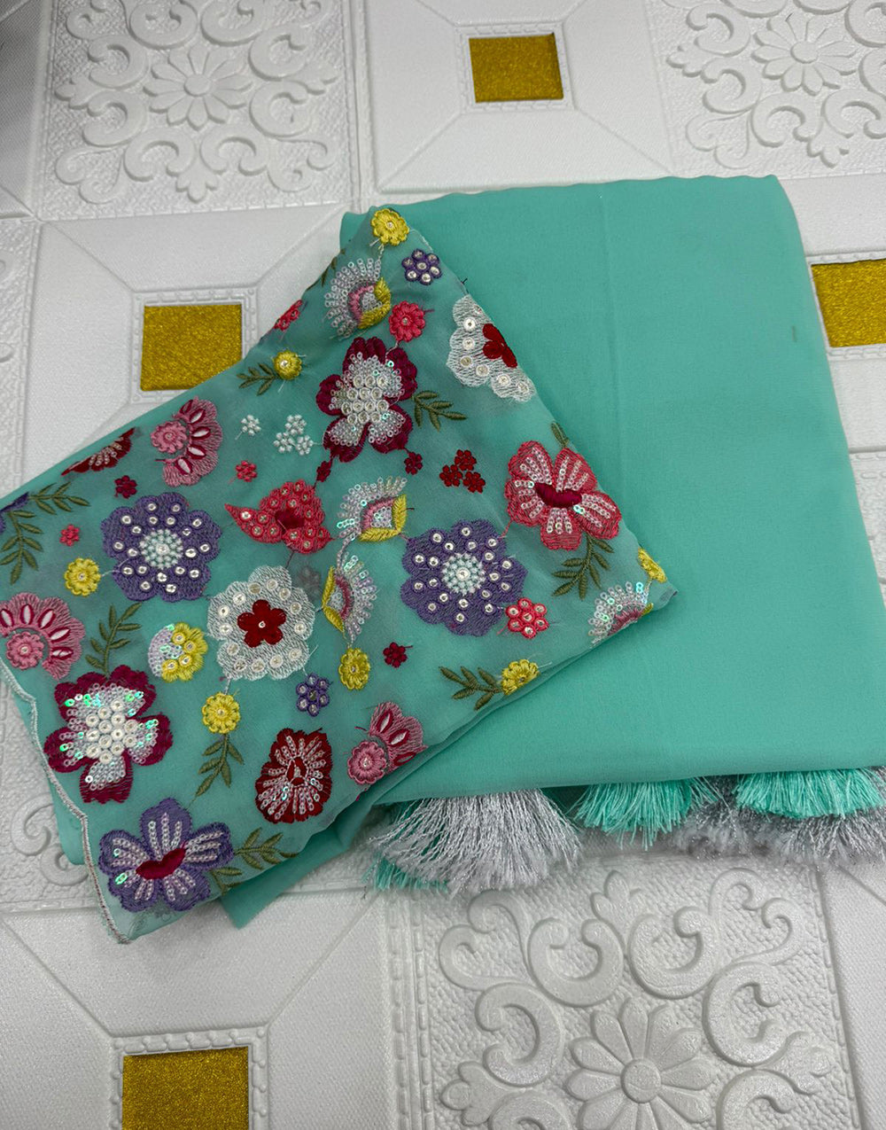 Tiffany Blue Georgette Saree With Embroidery & Sequence Work Blouse