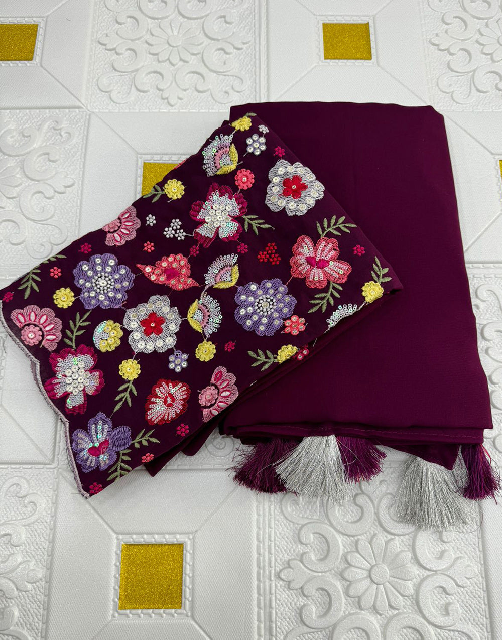Plum Wine Georgette Saree With Embroidery & Sequence Work Blouse