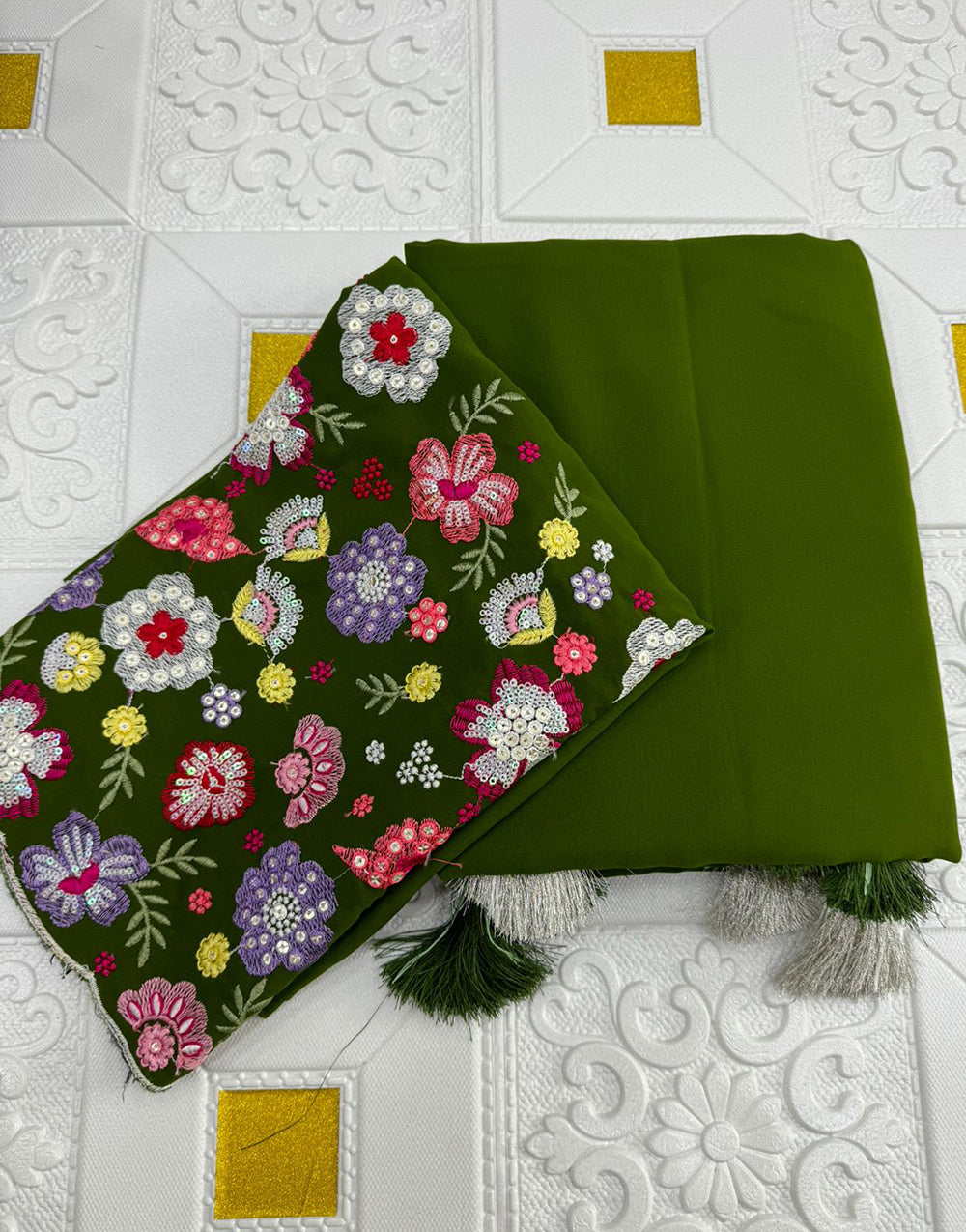 Moss Green Georgette Saree With Embroidery & Sequence Work Blouse