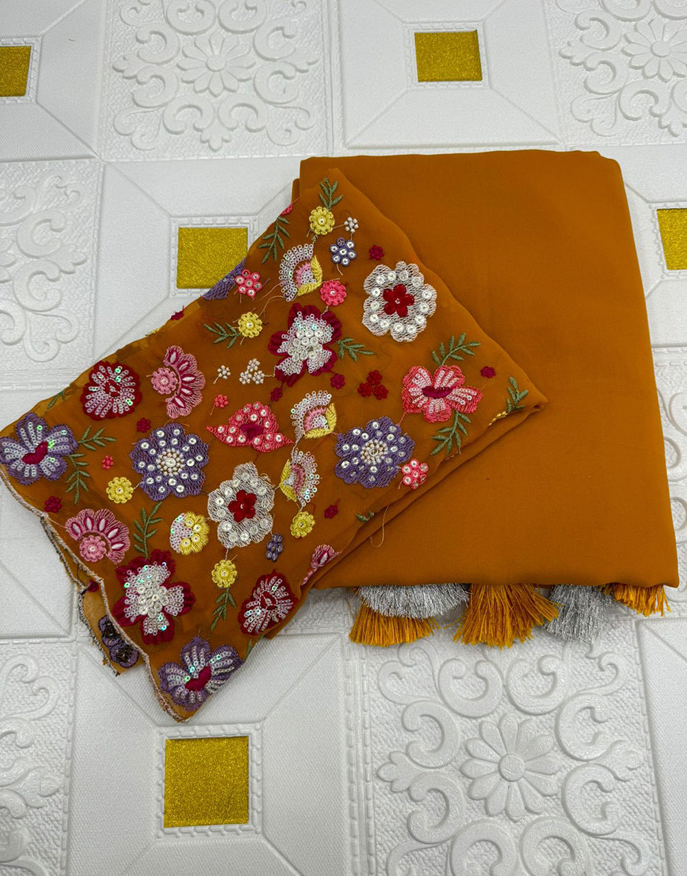 Ochre Yellow Georgette Saree With Embroidery & Sequence Work Blouse