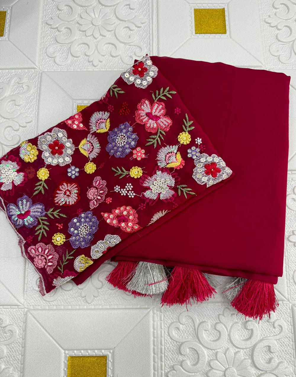 Cherry Red Georgette Saree With Embroidery & Sequence Work Blouse