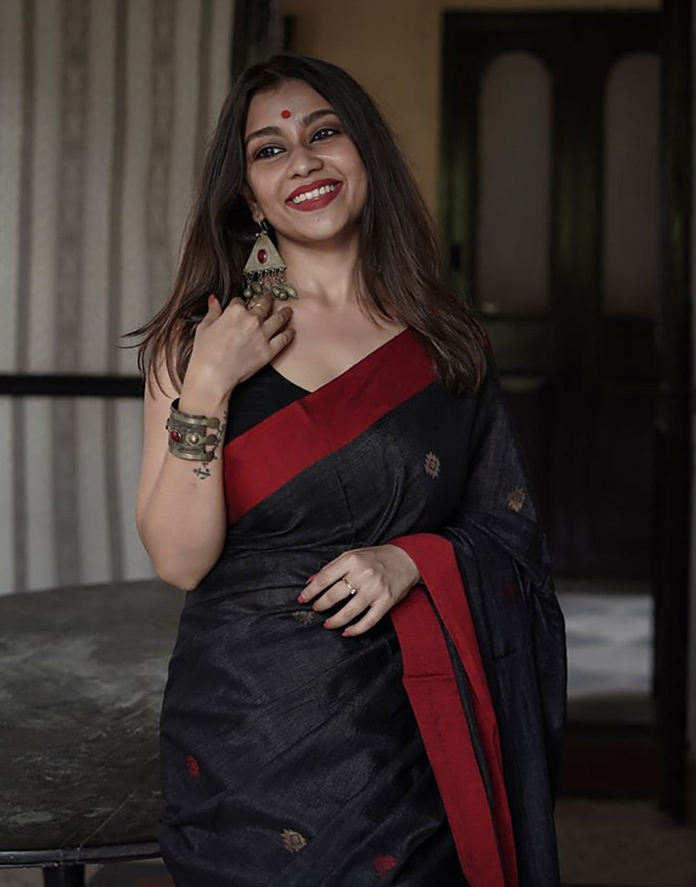 Black & Red Cotton Saree With Printed Work