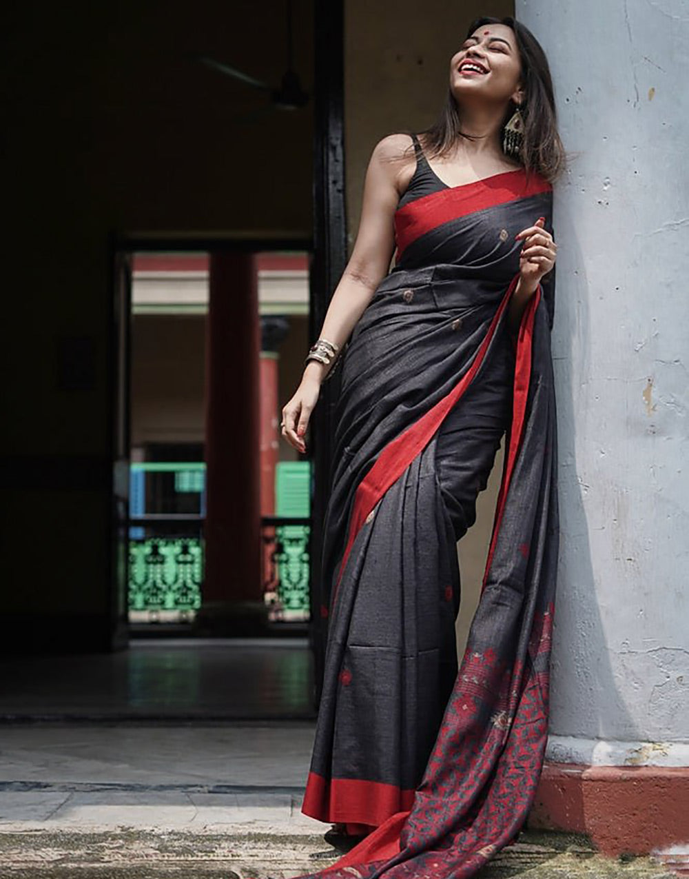 Black & Red Cotton Saree With Printed Work