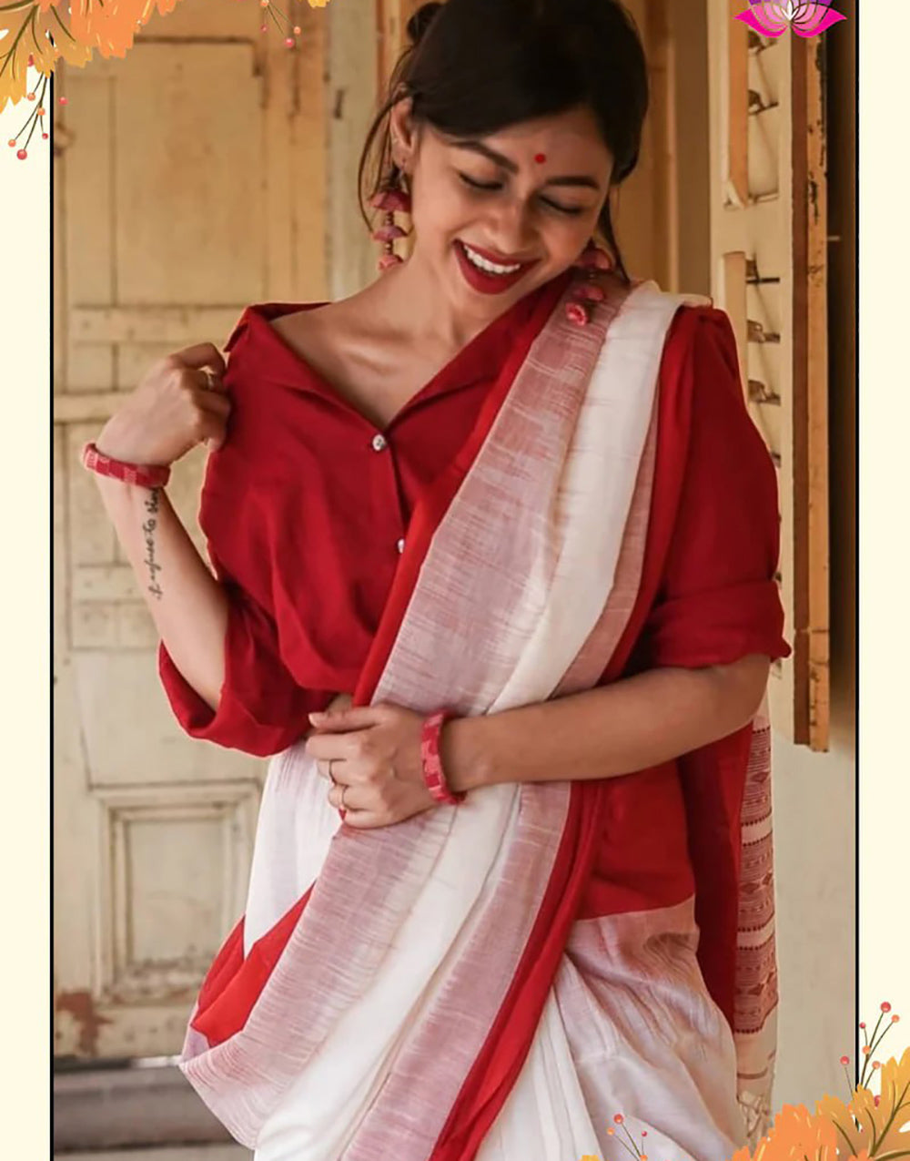 White & Red Cotton Saree With Weaving Work
