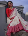 White & Red Cotton Saree With Weaving Work