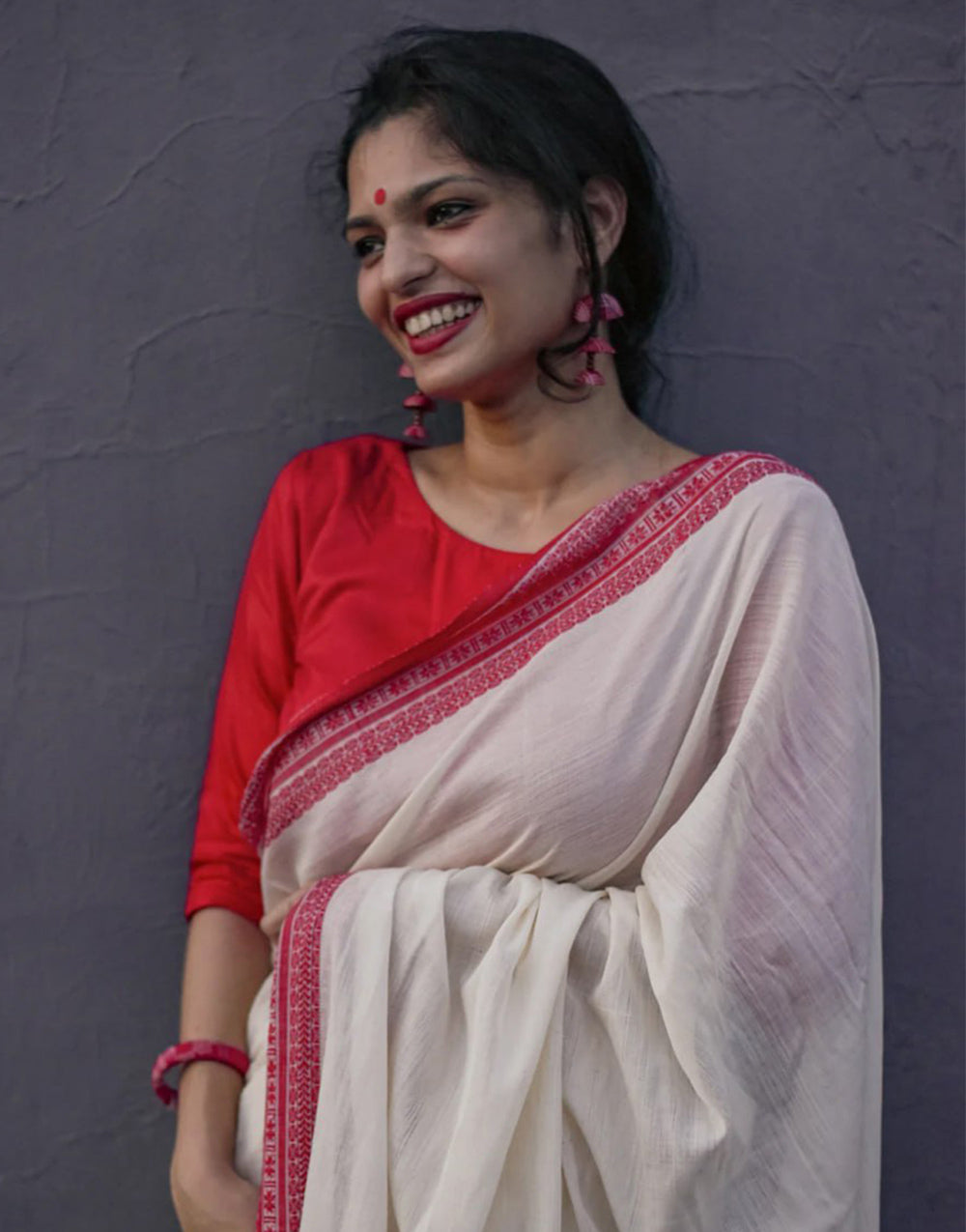 White & Red Cotton Saree With Weaving Work