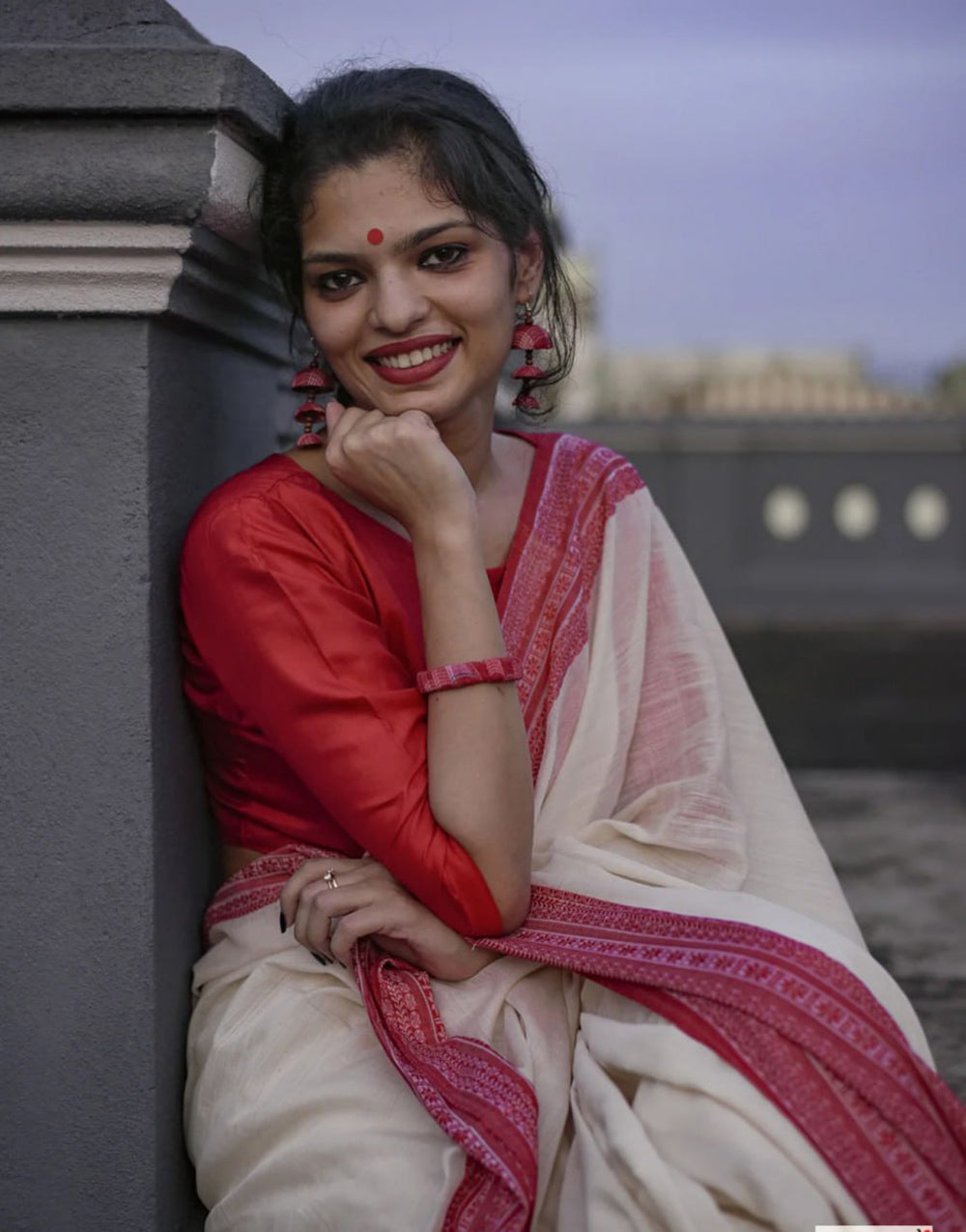 White & Red Cotton Saree With Weaving Work