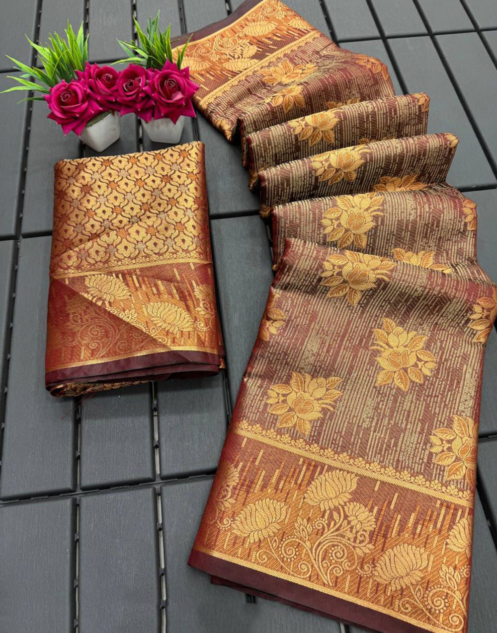 Brown Organza Silk Saree With Zari Weaving Work