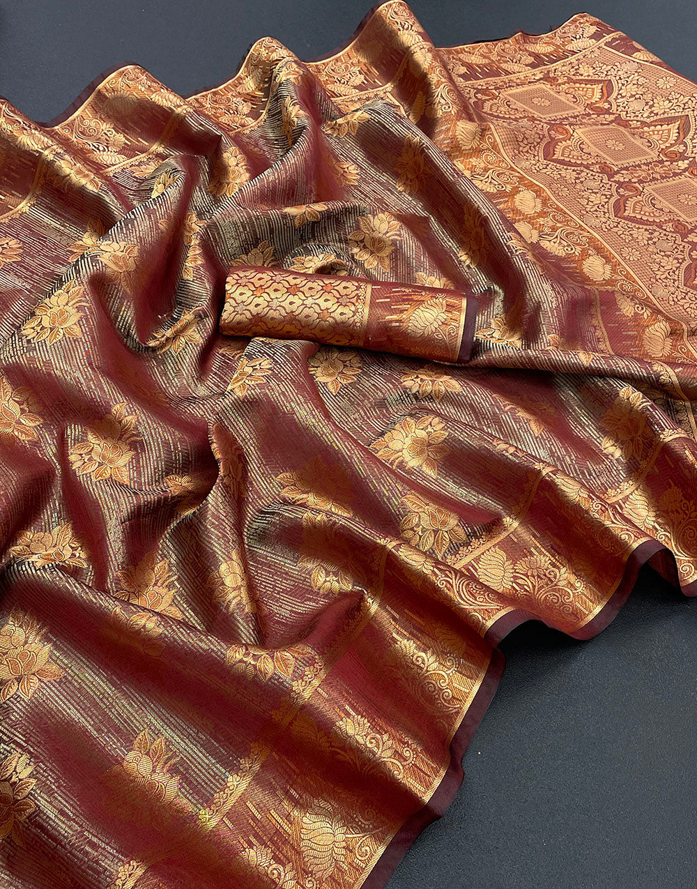 Brown Organza Silk Saree With Zari Weaving Work