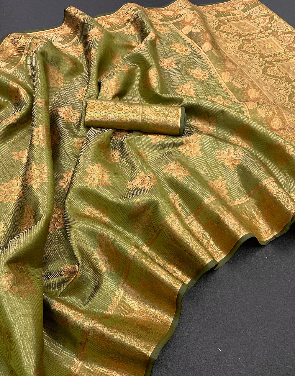 Mahendi Green Organza Silk Saree With Zari Weaving Work