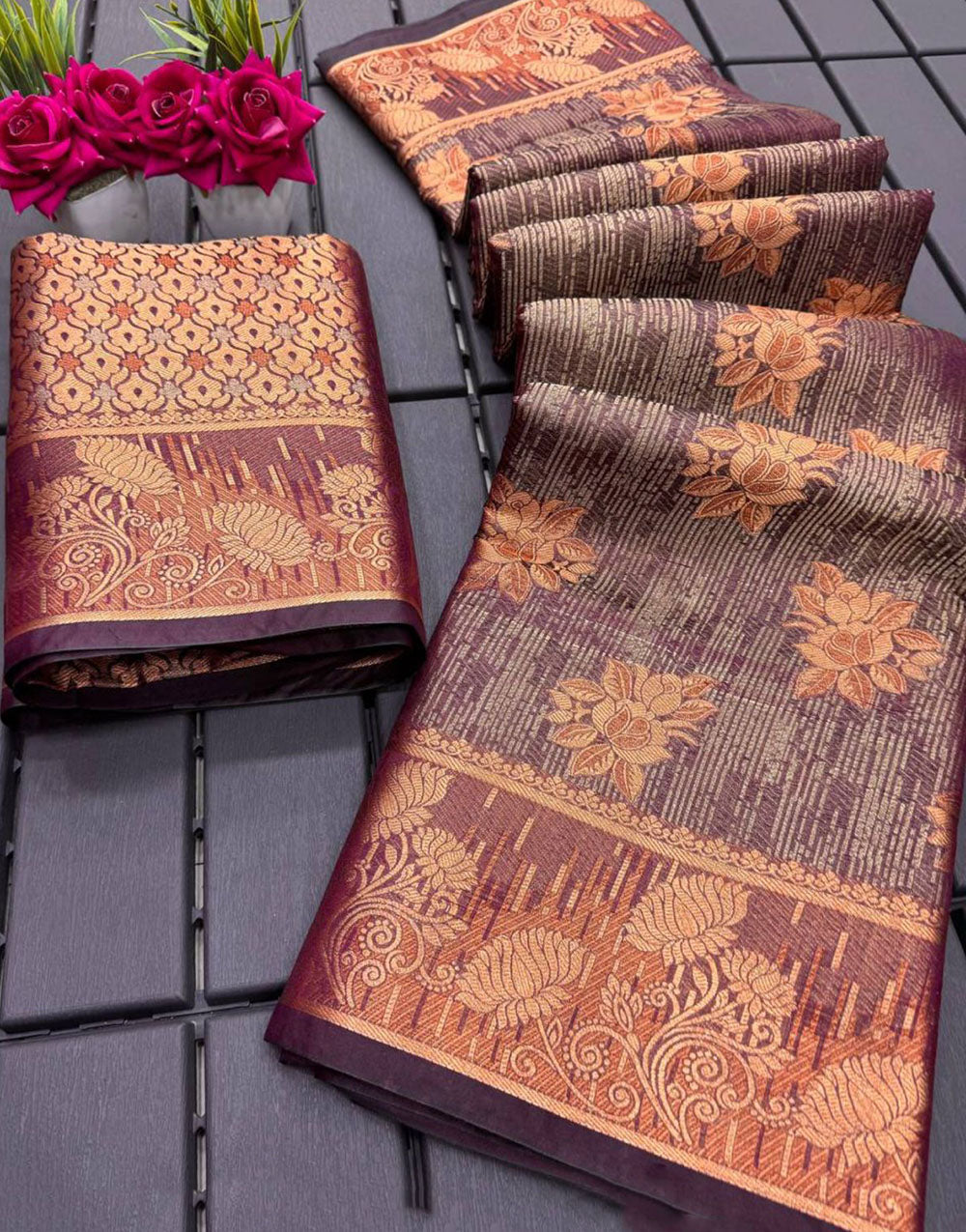 Plum Purple Organza Silk Saree With Zari Weaving Work