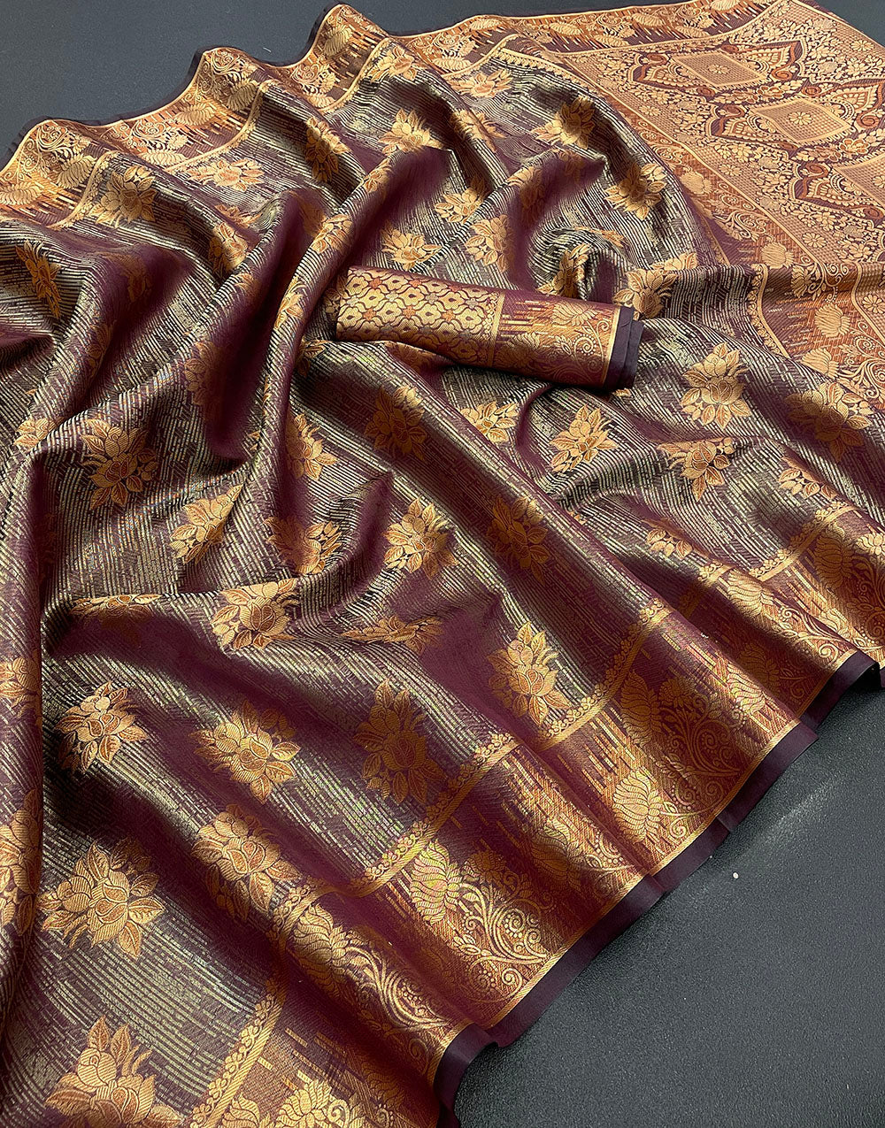 Plum Purple Organza Silk Saree With Zari Weaving Work