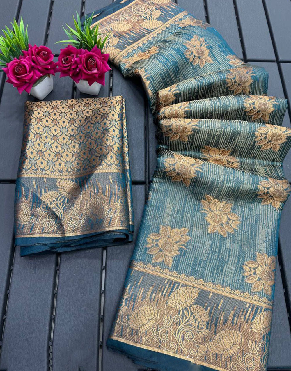 Rama Blue Organza Silk Saree With Zari Weaving Work