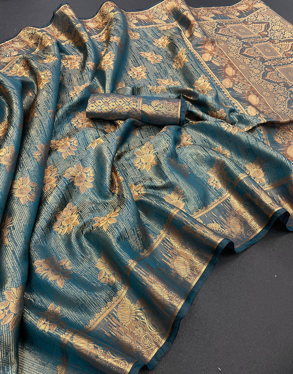 Rama Blue Organza Silk Saree With Zari Weaving Work