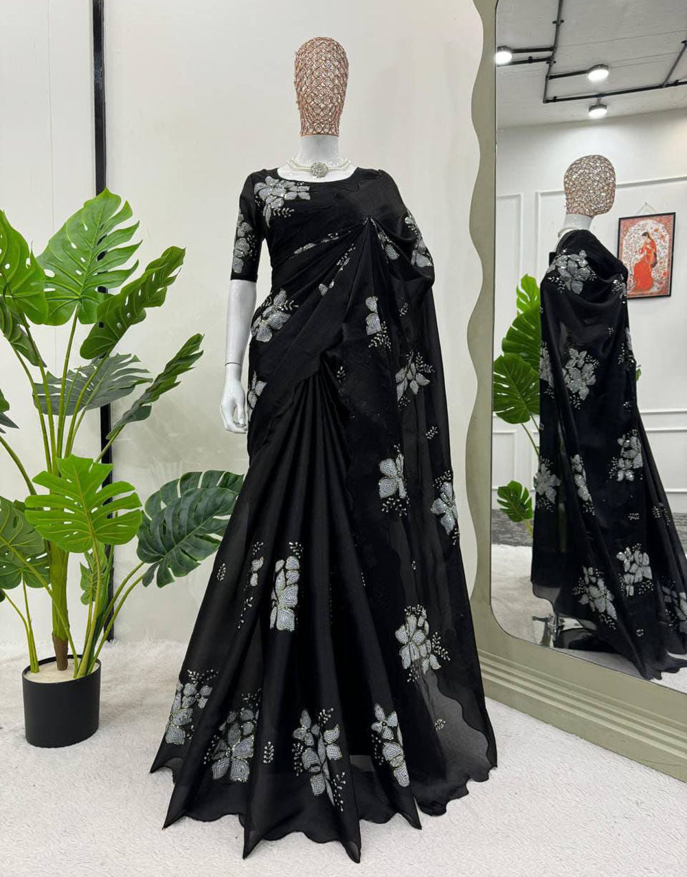 Black Color Organza Saree With Sequence Work