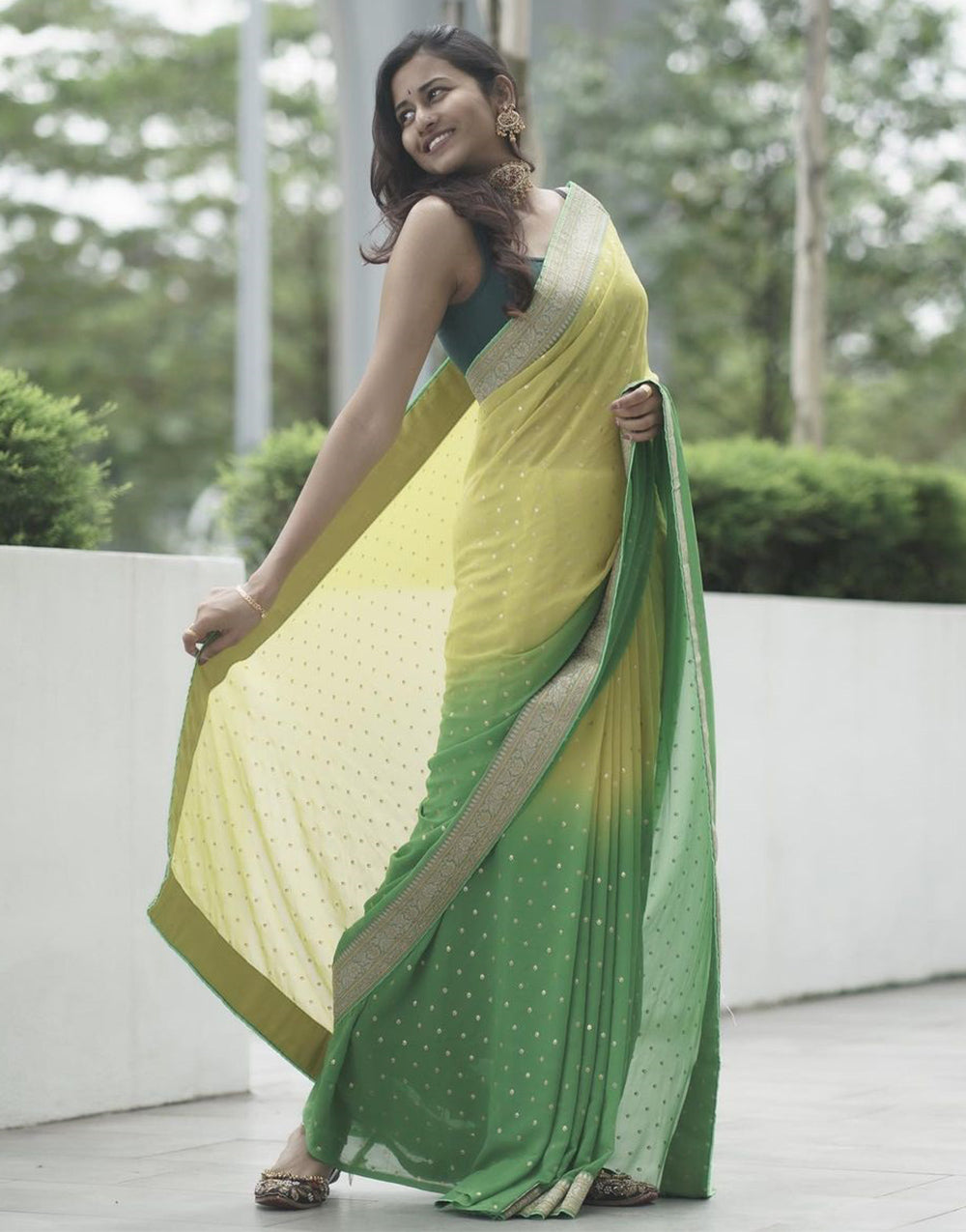 Yellow & Green Georgette Saree With Weaving Work