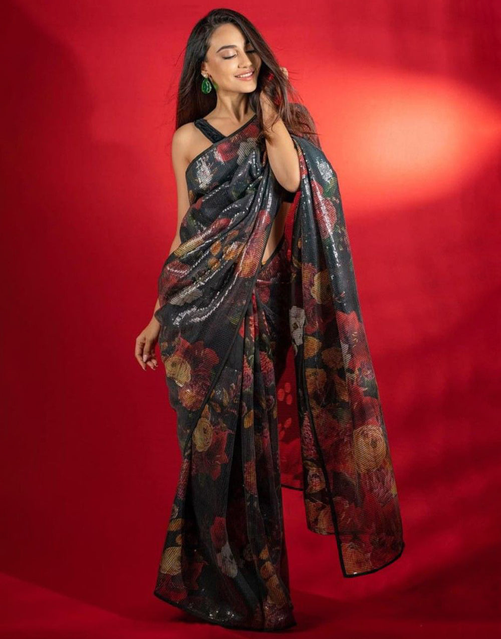 Black Georgette Saree With Digital Printed & Sequence Work