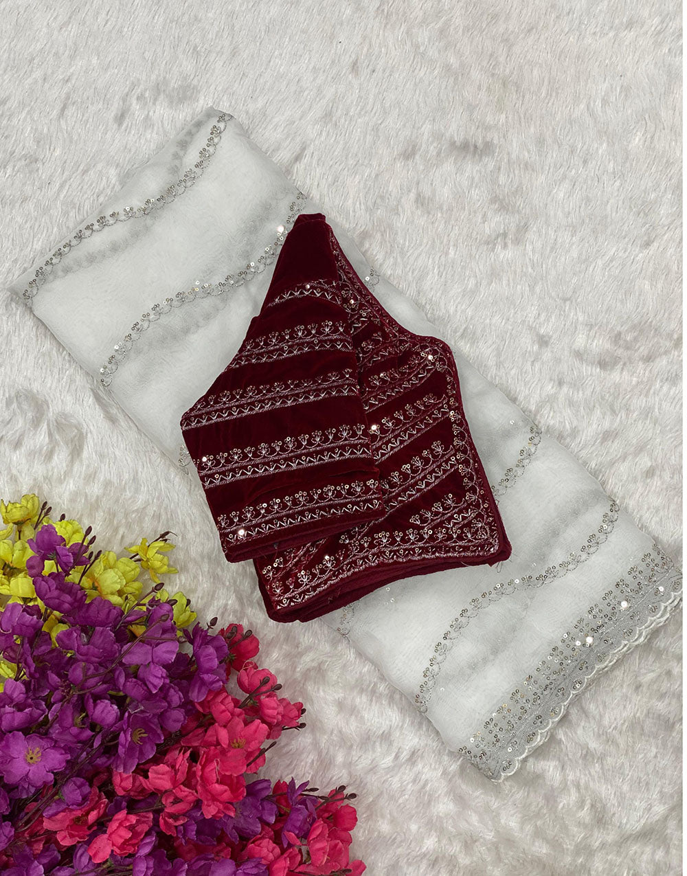 White Soft Organza Saree With Sequence Work