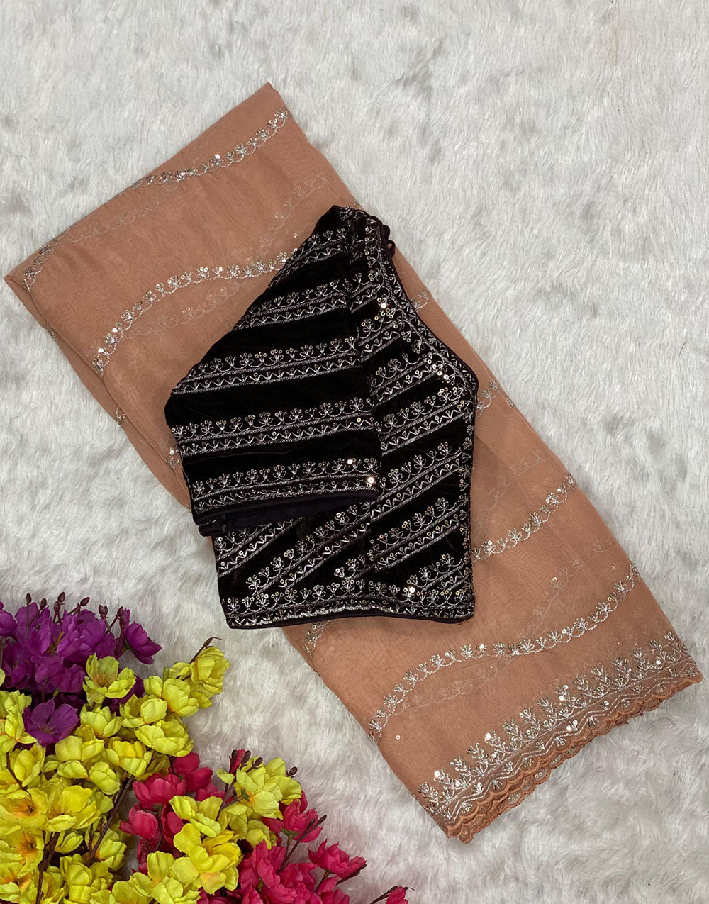 Creamy Peach Soft Organza Saree With Sequence Work