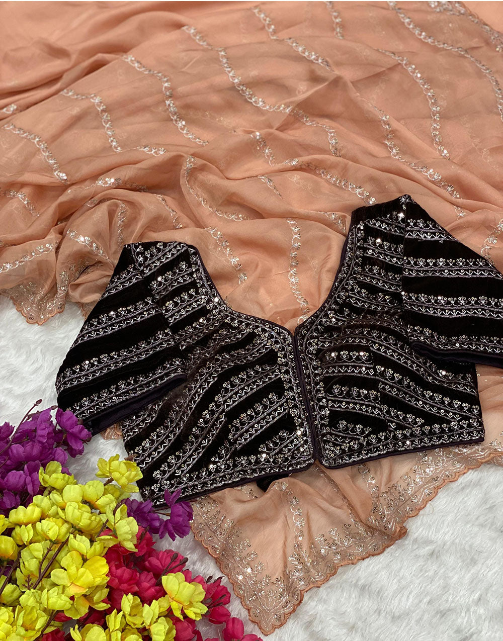 Creamy Peach Soft Organza Saree With Sequence Work