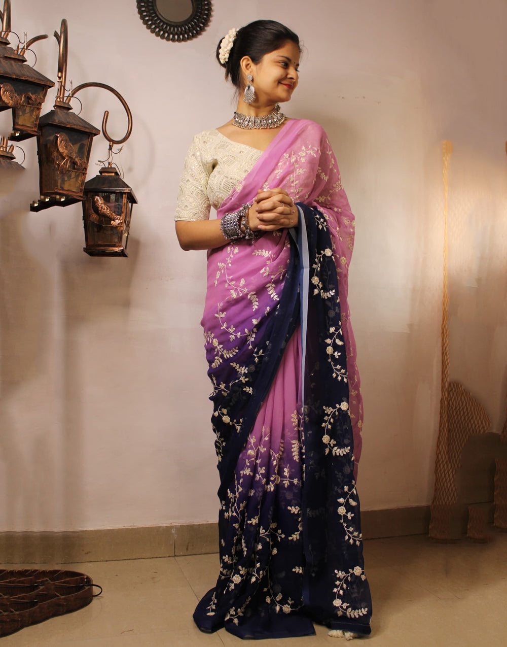 Eggplant Purple & Pink Georgette With Sequence & Embroidery Saree & Stitched Blouse