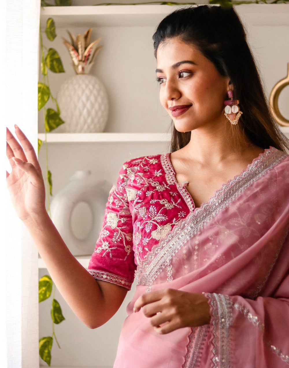 Pink Organza Saree With Zari & Sequence Work