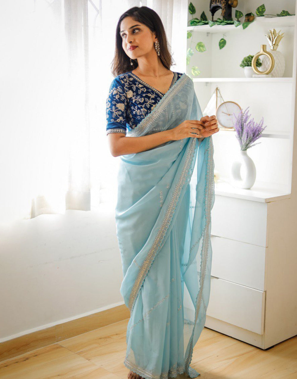Sky Blue Organza Saree With Zari & Sequence Work