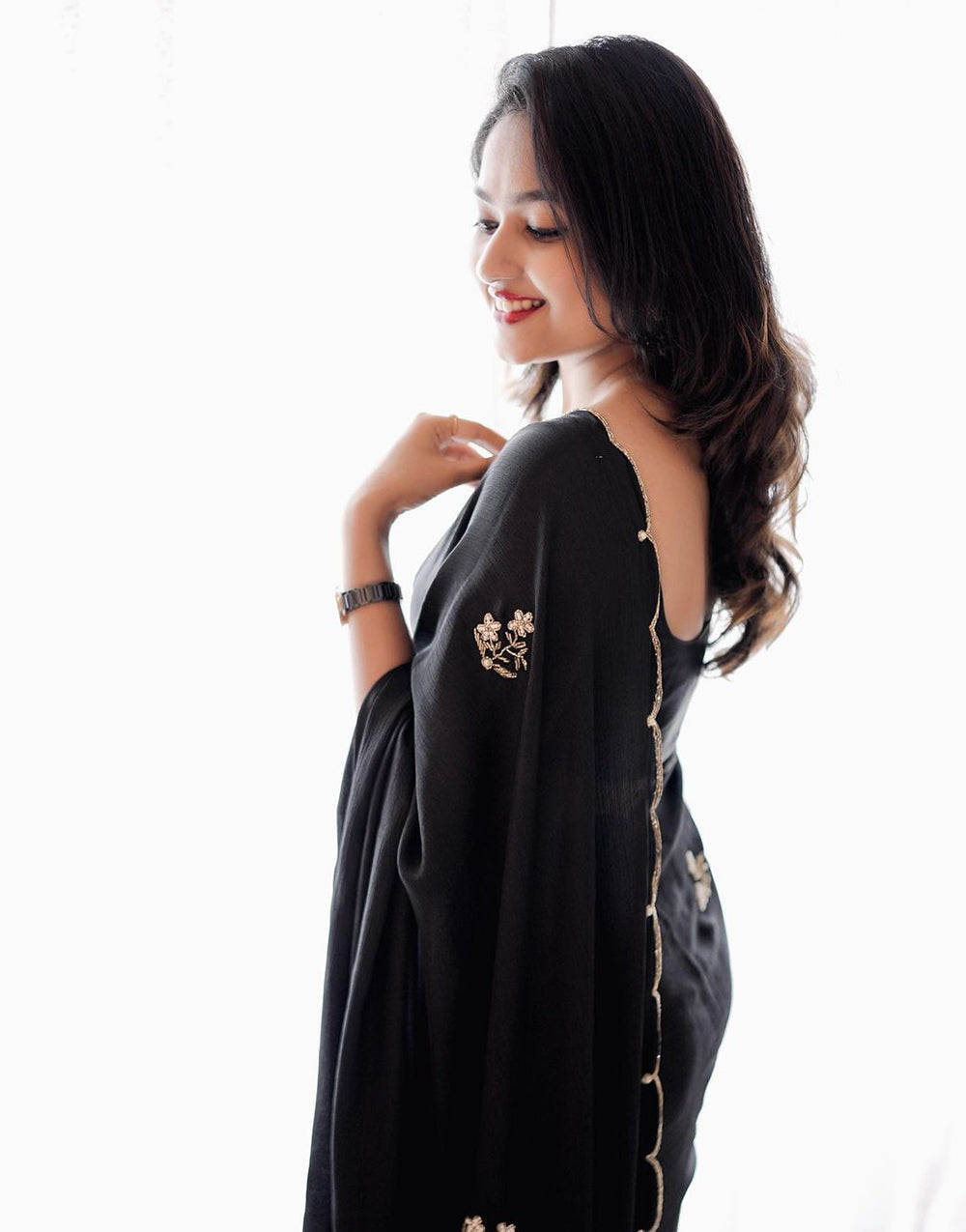 Black Soft Chinnon Saree With Handwork Work