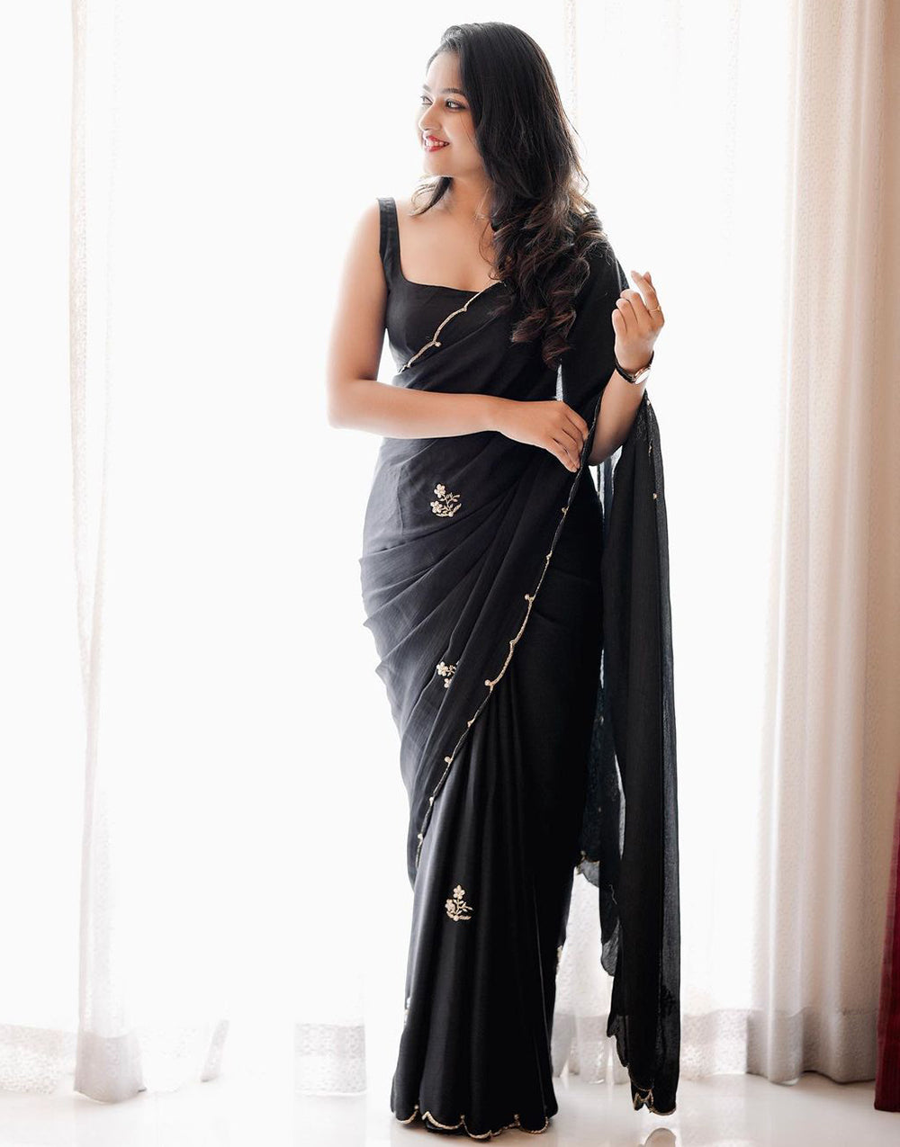 Black Soft Chinnon Saree With Handwork Work