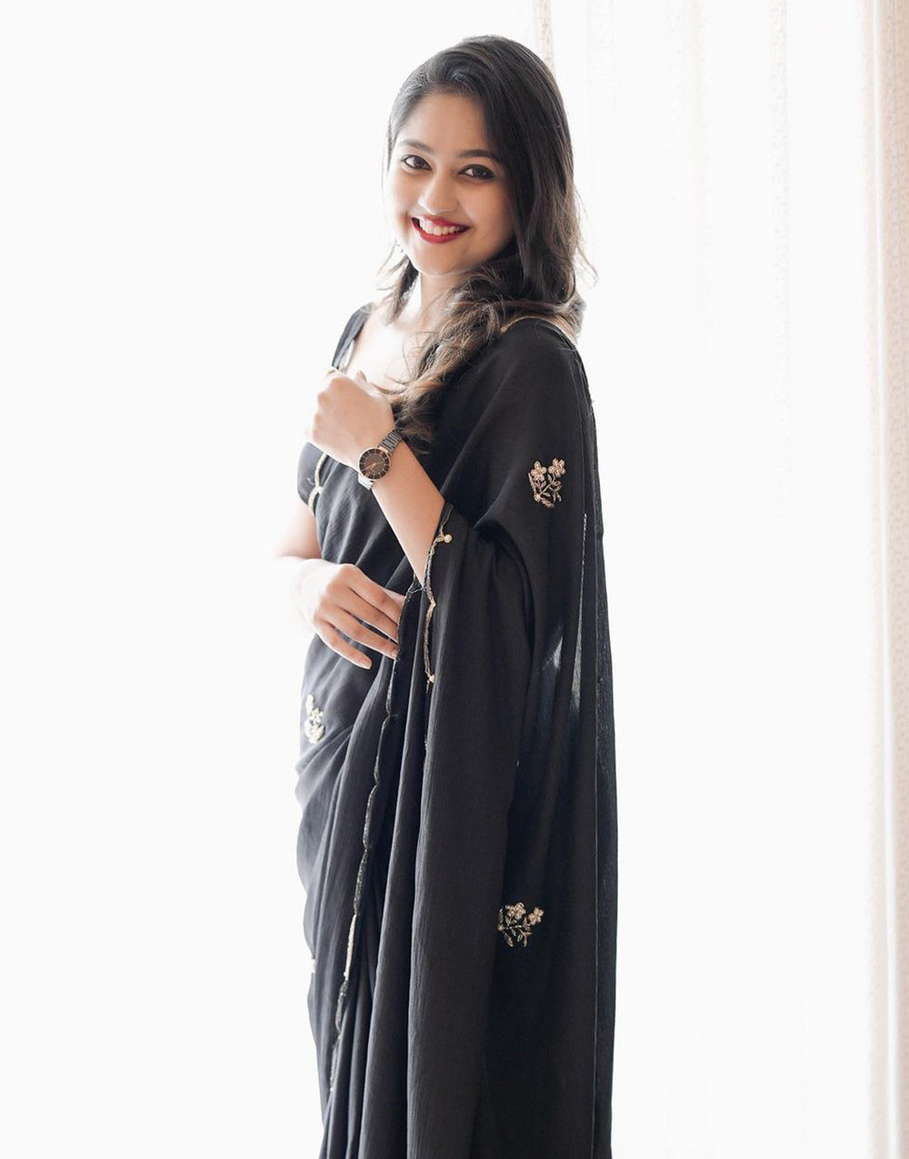 Black Soft Chinnon Saree With Handwork Work