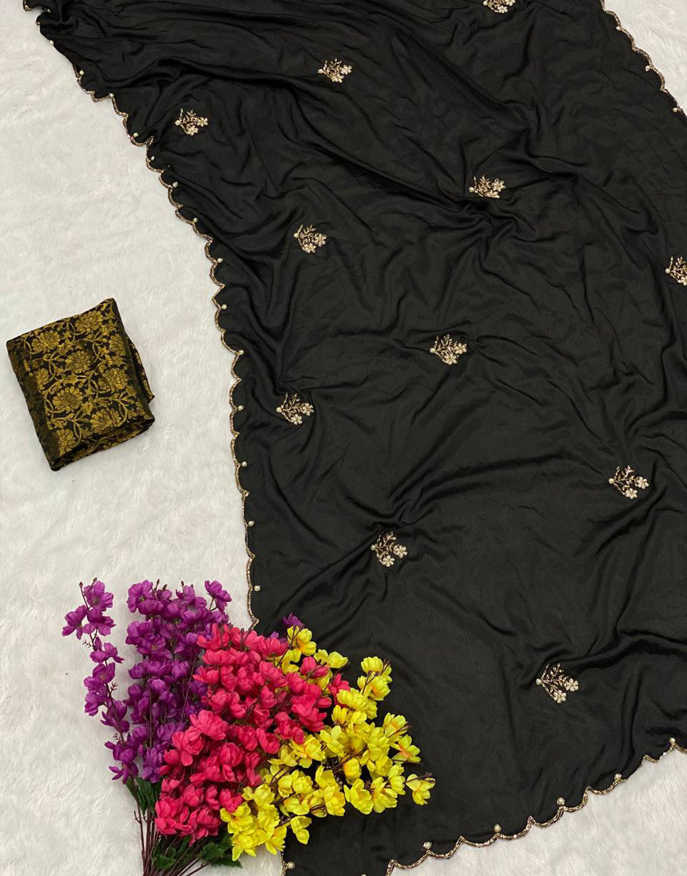 Black Soft Chinnon Saree With Handwork Work