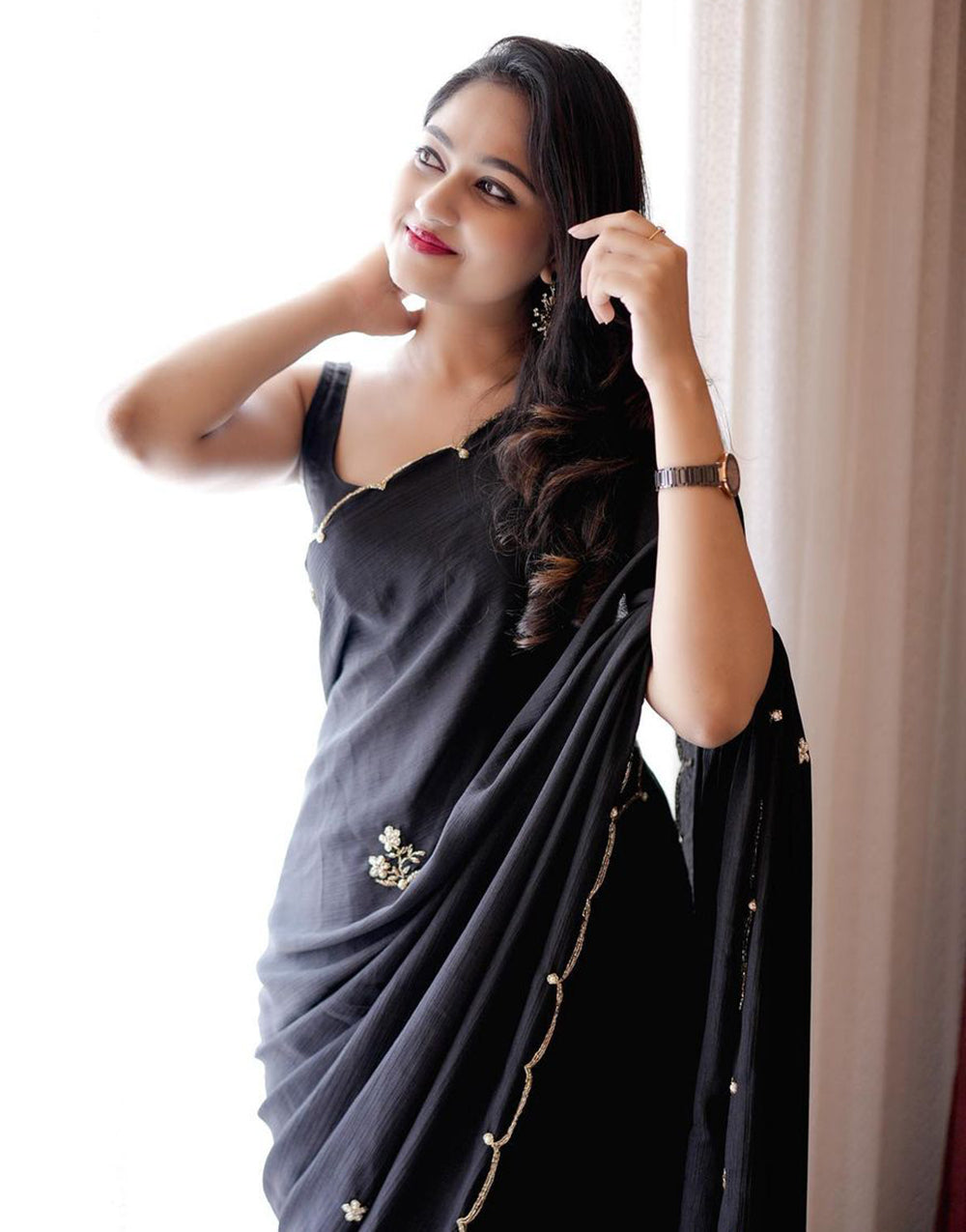 Black Soft Chinnon Saree With Handwork Work